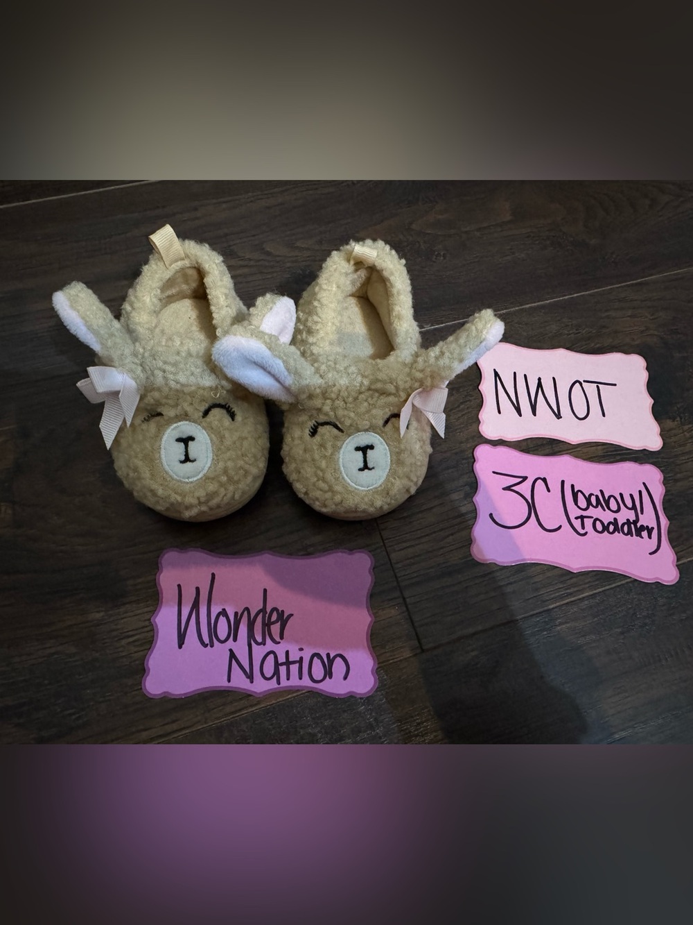 wonder nation beige lamb plush baby slippers with pink ear accents